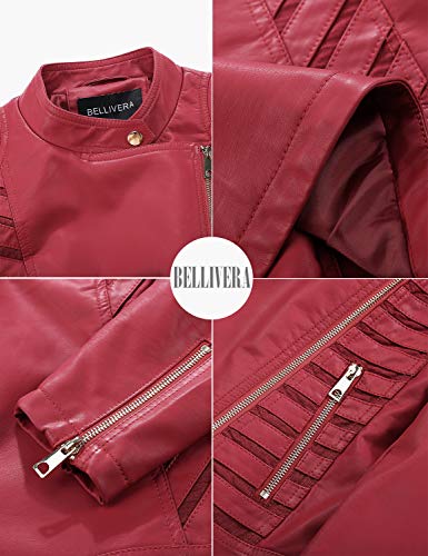 Bellivera Chaqueta de Cuero PU para Mujer, Chaqueta con Bolsillos con Cremallera, Chaqueta corta Para el Otono, Primavera, Rojo, XL