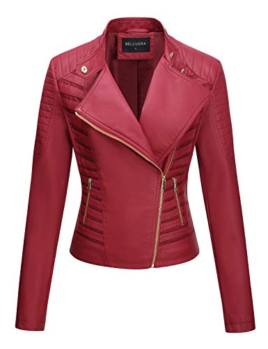 Bellivera Chaqueta de Cuero PU para Mujer, Chaqueta con Bolsillos con Cremallera, Chaqueta corta Para el Otono, Primavera, Rojo, XL