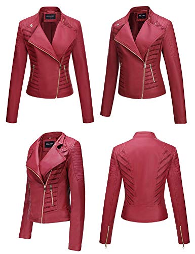 Bellivera Chaqueta de Cuero PU para Mujer, Chaqueta con Bolsillos con Cremallera, Chaqueta corta Para el Otono, Primavera, Rojo, XL