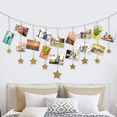 Bicolor Pared Colgar Fotos Pared con Madera Estrellas Garland Cadenas, Marco Fotos Pared Colgar Fotos Decoracion con 30 pequeños Clips de Madera para Decoración del Hogar Oficina Dormitorio Fiesta