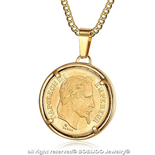 BOBIJOO JEWELRY - Colgante Moneda de 20 Francos de Napoleón III Tête Laurée Louis de Acero Chapado en Oro Collar de Cadena de 1868