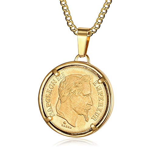 BOBIJOO JEWELRY - Colgante Moneda de 20 Francos de Napoleón III Tête Laurée Louis de Acero Chapado en Oro Collar de Cadena de 1868