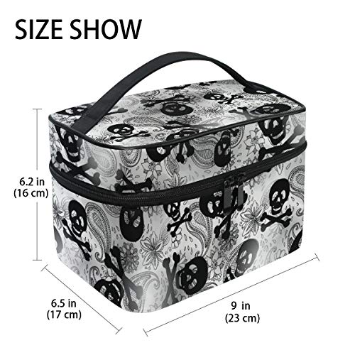 Bolsa de maquillaje Ahomy, diseño de calaveras y flores de cachemira, bolsa de aseo portátil para mujeres y niñas