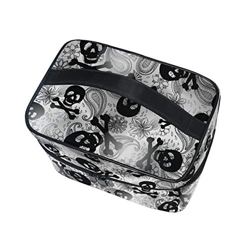 Bolsa de maquillaje Ahomy, diseño de calaveras y flores de cachemira, bolsa de aseo portátil para mujeres y niñas