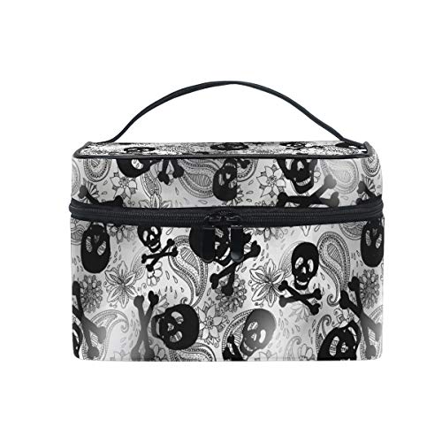 Bolsa de maquillaje Ahomy, diseño de calaveras y flores de cachemira, bolsa de aseo portátil para mujeres y niñas