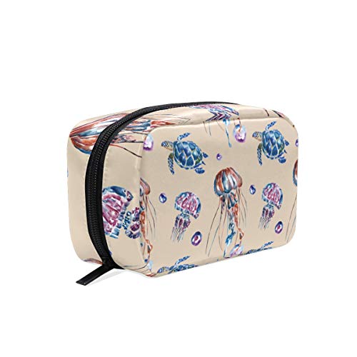 Bolsa de maquillaje para acuarela, tortuga marina y medusas de viaje, neceser neceser bolsa portátil para mujeres y niñas