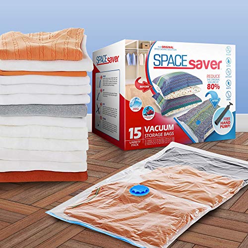 Bolsas de almacenamiento de vacío Spacesaver Premium. ¡80% más de almacenamiento! ¡Bomba manual para viajar! Doble-Zip Seal y Triple Seal Turbo-Valve para un máximo ahorro de espacio.