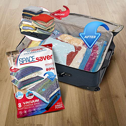 Bolsas de almacenamiento de vacío Spacesaver Premium. ¡80% más de almacenamiento! ¡Bomba manual para viajar! Doble-Zip Seal y Triple Seal Turbo-Valve para un ahorro máximo de espacio. (Variety 8 pack)