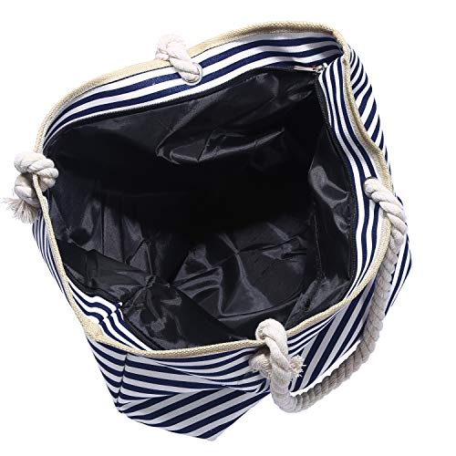 Bolso de Playa Grande con Cremallera Bolso de Hombro a Rayas Azul Oscuro y Blanco