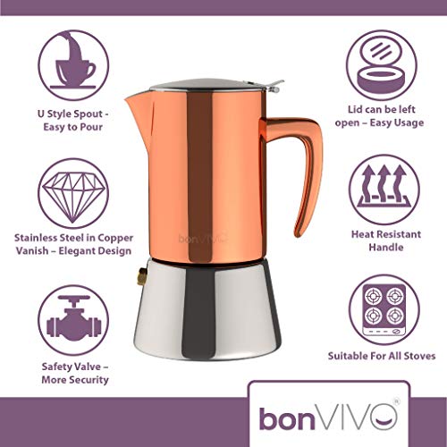 bonVIVO Intenca Cafetera Italiana Express De Inducción De Acero Inoxidable con Acabado Cobre, para Espresso con Mucho Cuerpo, Cafetera Moka Clásica, para 2 Tazas De Espresso