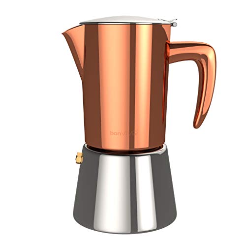 bonVIVO Intenca Cafetera Italiana Express De Inducción De Acero Inoxidable con Acabado Cobre, para Espresso con Mucho Cuerpo, Cafetera Moka Clásica, para 2 Tazas De Espresso