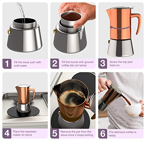 bonVIVO Intenca Cafetera Italiana Express De Inducción De Acero Inoxidable con Acabado Cobre, para Espresso con Mucho Cuerpo, Cafetera Moka Clásica, para 2 Tazas De Espresso