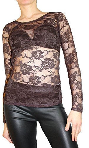 Camiseta de manga larga para mujer, elegante top de encaje que acentúa la figura, talla S/M 36/38 marrón chocolate 38-40