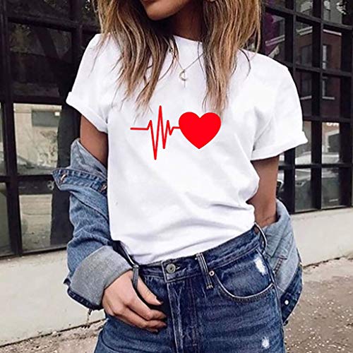 Camiseta de Mujer Manga Corta Corazón Impresión Blusa Camisa Cuello Redondo Basica Camiseta Suelto Verano Tops Casual Fiesta T-Shirt Original tee vpass