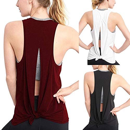 Camiseta Sin Mangas Mujer SHOBDW 2020 Nuevo Verano Deporte Camisetas Mujer Tirantes Sexy Espalda Abierta Deporte Sólido Yoga Camisas Corbata Entrenamiento Racerback Tops Blusa(Negro,XXL)