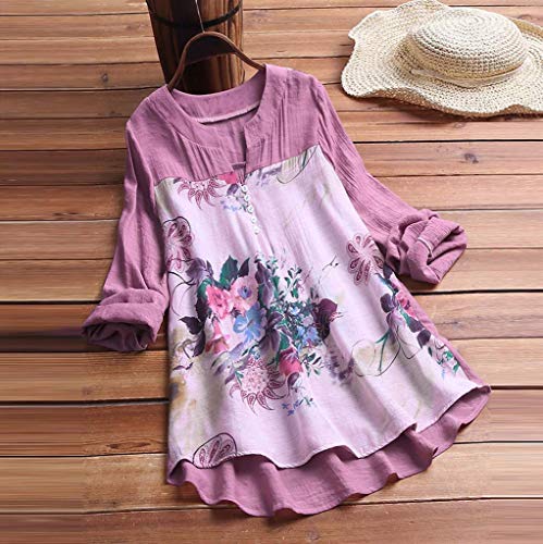 Camisetas Mujer Manga Larga SHOBDW 2019 Nuevo Cuello en V Tops de Túnica Blusas Suelto Estampado Floral Pullover Sexy Casual Verano Camisetas Mujer Tallas Grandes M-5XL(Morado,XXL)