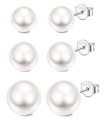 CASSIECA Joyería 3Pares Plata de Ley 925 Perlas de Agua Dulce Pendientes para Mujer Niña Aretes Con Caja de Regalo 6-10mm