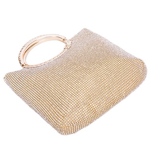 CLOCOLOR Bolso de mano con diamantes cristales brillantes cartera de mano con asas estilo elegante con gran espacio bolso de fiesta para mujer, Dorado