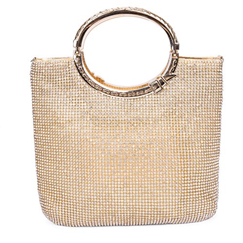 CLOCOLOR Bolso de mano con diamantes cristales brillantes cartera de mano con asas estilo elegante con gran espacio bolso de fiesta para mujer, Dorado