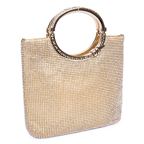 CLOCOLOR Bolso de mano con diamantes cristales brillantes cartera de mano con asas estilo elegante con gran espacio bolso de fiesta para mujer, Dorado