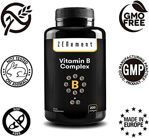 Complejo de Vitaminas B, 200 Perlas | Contiene las ocho Vitaminas B (B1, B2, B3, B5, B6, B12, Biotina y Ácido Fólico) + Vit. C y E | Para mejorar la energía, el estado de ánimo y la salud general