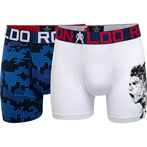 CR7 2-Pack Ronaldo Niños Celebración Calzoncillos Boxer, Blanco/Azul UK 7-9