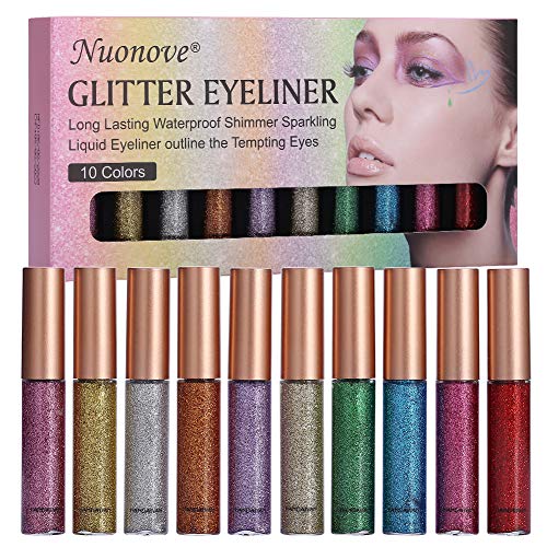 Delineador De Ojos Brillo, Glitter Eyeliner, Liquid Glitter Eyeliner, Delineador de ojos de Colores, Sombra de ojos Shimmer Sparkling Eyeliner de larga duración a prueba de aguaeliner 10 Colores