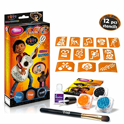 Disney Coco Glitter Tattoo Kit with 12 amazing stencils - Hypoallergenic, cruelty free - Lasting for 8-18 days, temporary tattoos