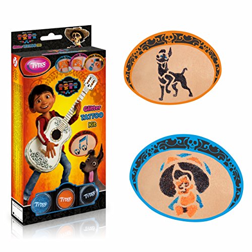 Disney Coco Glitter Tattoo Kit with 12 amazing stencils - Hypoallergenic, cruelty free - Lasting for 8-18 days, temporary tattoos