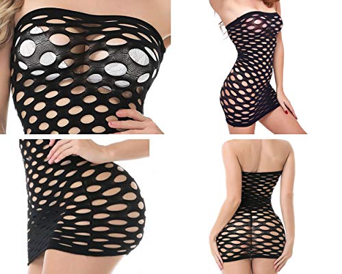 DSstyles Lencería Fishnet Camisas sin tirantes para mujer Un tamaño Chemise para señora Regalo de Navidad para mujer Regalo de San Valentín - Negro