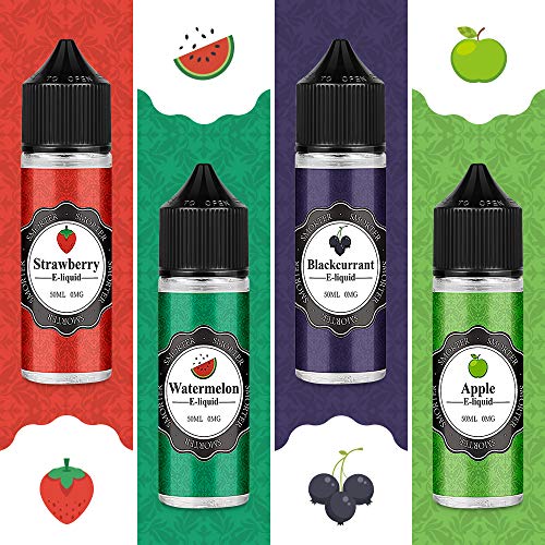 E Liquid 4 paquetes de 50 ml Smorter Vape Liquid E Juice para Vape E Cigarettes Starter Kit Vape Pen Vape Mod, 70/30 Eliquid (sandía + fresa + grosella negra + manzana), sin nicotina