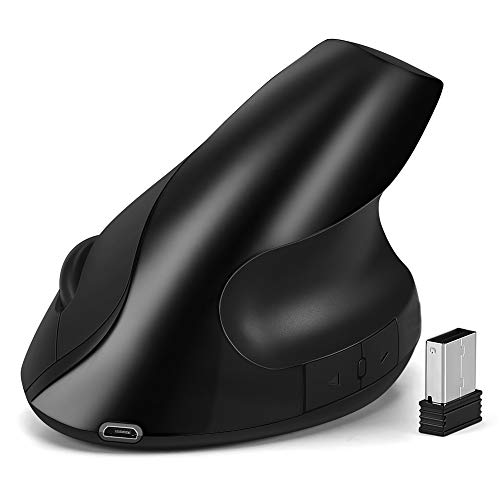 EasyULT Ratón Vertical Inalámbrico, Ratón Portátil óptico Ergonómico Recargable 2.4 G, 800/1200/1600 dpi 3 Niveles Ajustable, 6 Botones, para PC/portátil/Mac-Negro