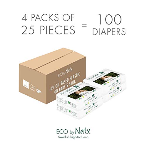 Eco by Naty Pañales, Talla/Tamaño 1, 100 unidades, 2-5 kg, suministro para UN MES, Pañal ecológico Premium hecho a base de fibras vegetales 0% plásticos derivados del petróleo en contacto con la piel