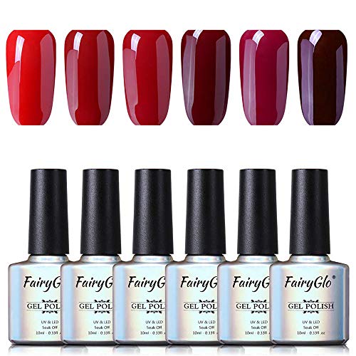 Esmalte de Uñas Semipermanente Uñas de Gel UV LED Kit de Manicura Serie de Color Rojo Vino 6pcs Manicura y Pedicura de Fairyglo-C010