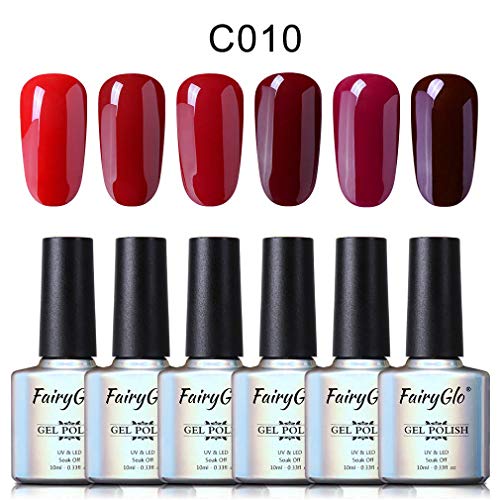 Esmalte de Uñas Semipermanente Uñas de Gel UV LED Kit de Manicura Serie de Color Rojo Vino 6pcs Manicura y Pedicura de Fairyglo-C010