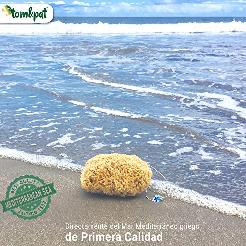 Esponja Natural con cordel & colgante de cristal – Esponja de baño del mar Mediterráneo – Sin blanquear – Primera Calidad (13-14 cm)