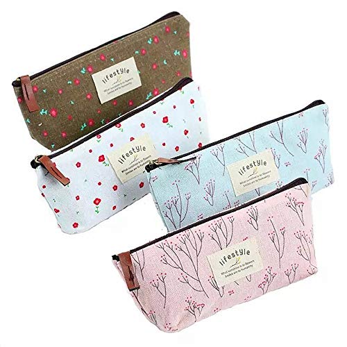 Estuche de Lápices, Bolsa de Lápices de Lona Floral de Flores,Bolsa de Maquillaje (4 Piezas)