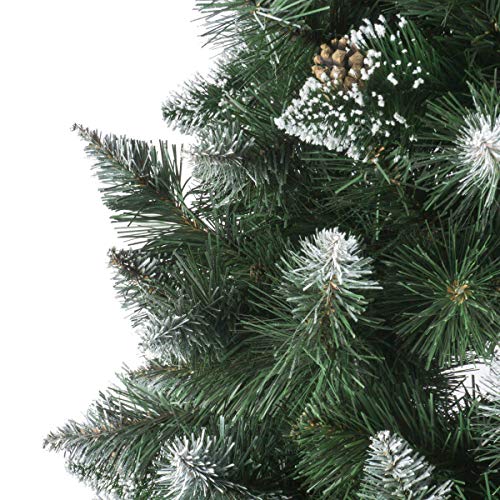 FairyTrees Árbol de Navidad Artificial, Pino Verde Natural Cubierto de Nieve, PVC, con piñas Naturales, Soporte de Madera, 180cm, FT04-180