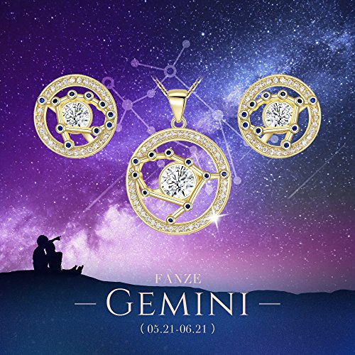 FANZE Mujer Plata de Ley 925 CZ Horóscopo Zodiaco 12 Constelación Colgante Collar Pendientes Conjuntos Oro - Geminis