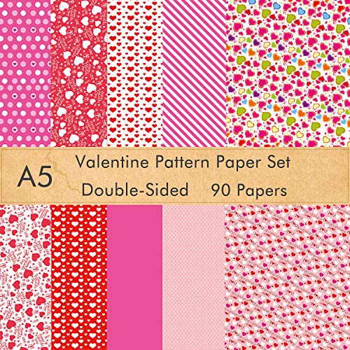 FEPITO Juego de papel con patrón de San Valentín de 90 hojas, papel decorativo de 14 x 21 cm para hacer tarjetas de álbum de recortes DIY Suministros de decoración para el día de San Valentín