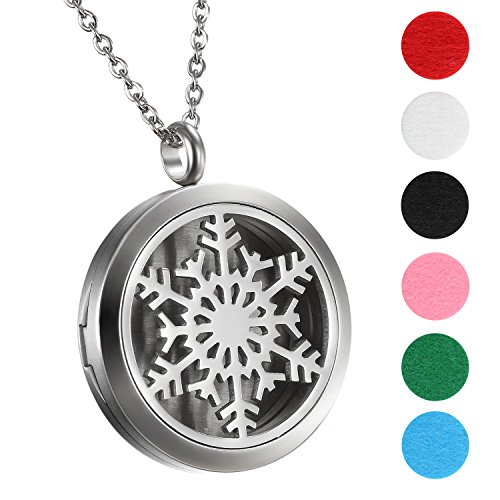 Flongo Collar con Colgante de Locket Perfume Difusor Aromaterapia, Mujer Copo de Nieve Colgante de Moneda Hueco para Aceite Esencial con 6 Almohadillas, Color Plateado Vintage, Regalo para Mujeres