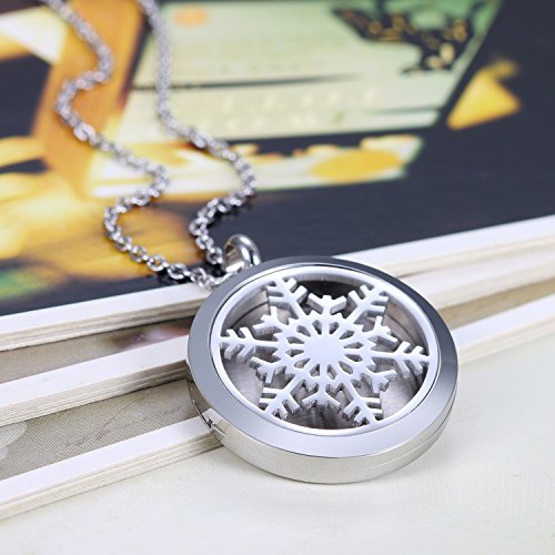 Flongo Collar con Colgante de Locket Perfume Difusor Aromaterapia, Mujer Copo de Nieve Colgante de Moneda Hueco para Aceite Esencial con 6 Almohadillas, Color Plateado Vintage, Regalo para Mujeres