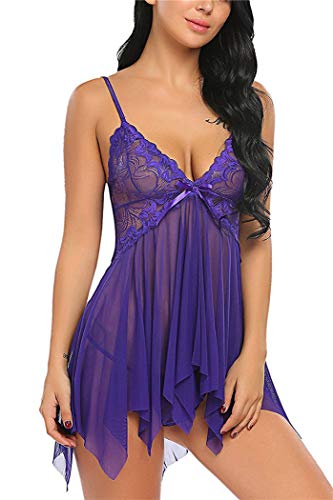 FONDBERYL Sexy Conjuntos de Lencería Mujer Encaje Atractivo Ropa de Dormir Transparente Halter Abierto Posterior Encaje Tul Babydoll Vestilo