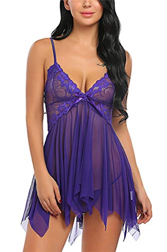 FONDBERYL Sexy Conjuntos de Lencería Mujer Encaje Atractivo Ropa de Dormir Transparente Halter Abierto Posterior Encaje Tul Babydoll Vestilo