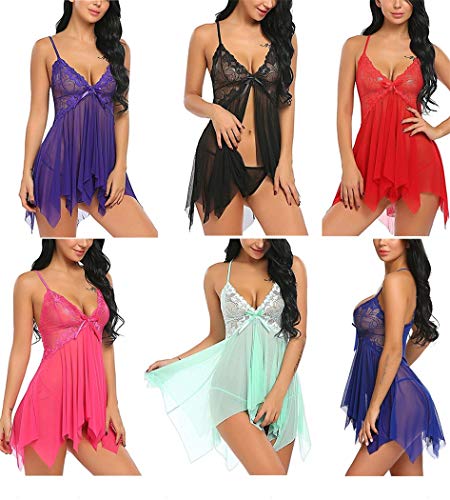 FONDBERYL Sexy Conjuntos de Lencería Mujer Encaje Atractivo Ropa de Dormir Transparente Halter Abierto Posterior Encaje Tul Babydoll Vestilo