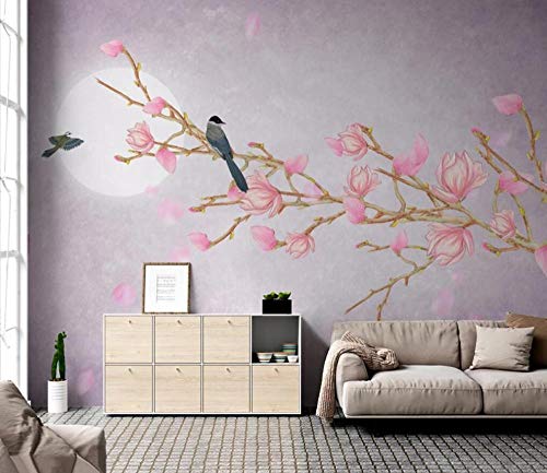 Fotomurales 3D Estilo Chino Rosa Flor De Magnolia Pájaro Luna Papel pintado no tejido Decoración de Pared decorativos Murales 250x175 cm