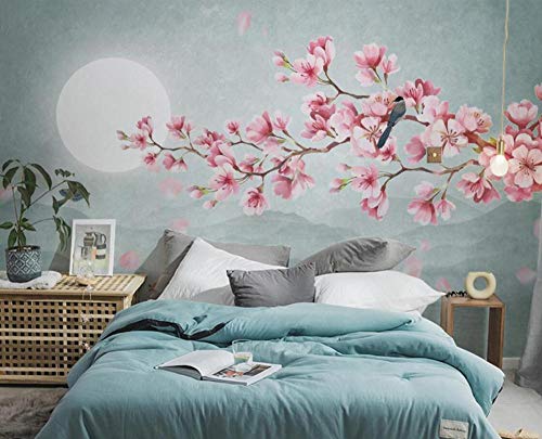 Fotomurales 3D Magnolia Rosa Flor Luna Montañas Paisaje Papel pintado no tejido Decoración de Pared decorativos Murales 250x175 cm