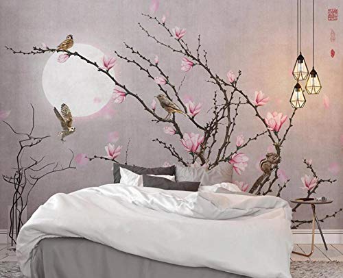 Fotomurales 3D Magnolia Rosa Flor Pájaro Luna Papel pintado no tejido Decoración de Pared decorativos Murales 250x175 cm