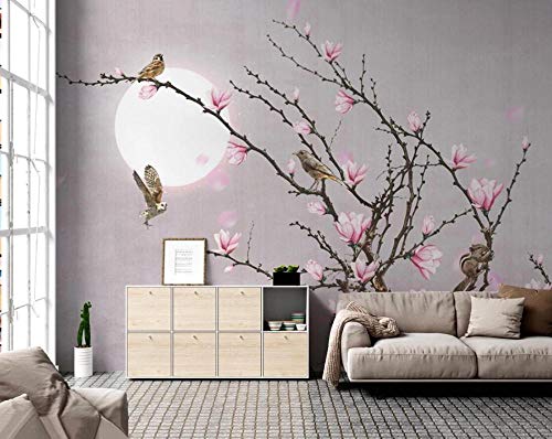 Fotomurales 3D Magnolia Rosa Flor Pájaro Luna Papel pintado no tejido Decoración de Pared decorativos Murales 250x175 cm