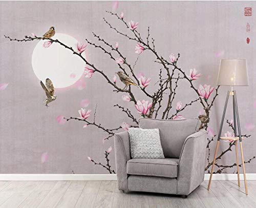 Fotomurales 3D Magnolia Rosa Flor Pájaro Luna Papel pintado no tejido Decoración de Pared decorativos Murales 250x175 cm